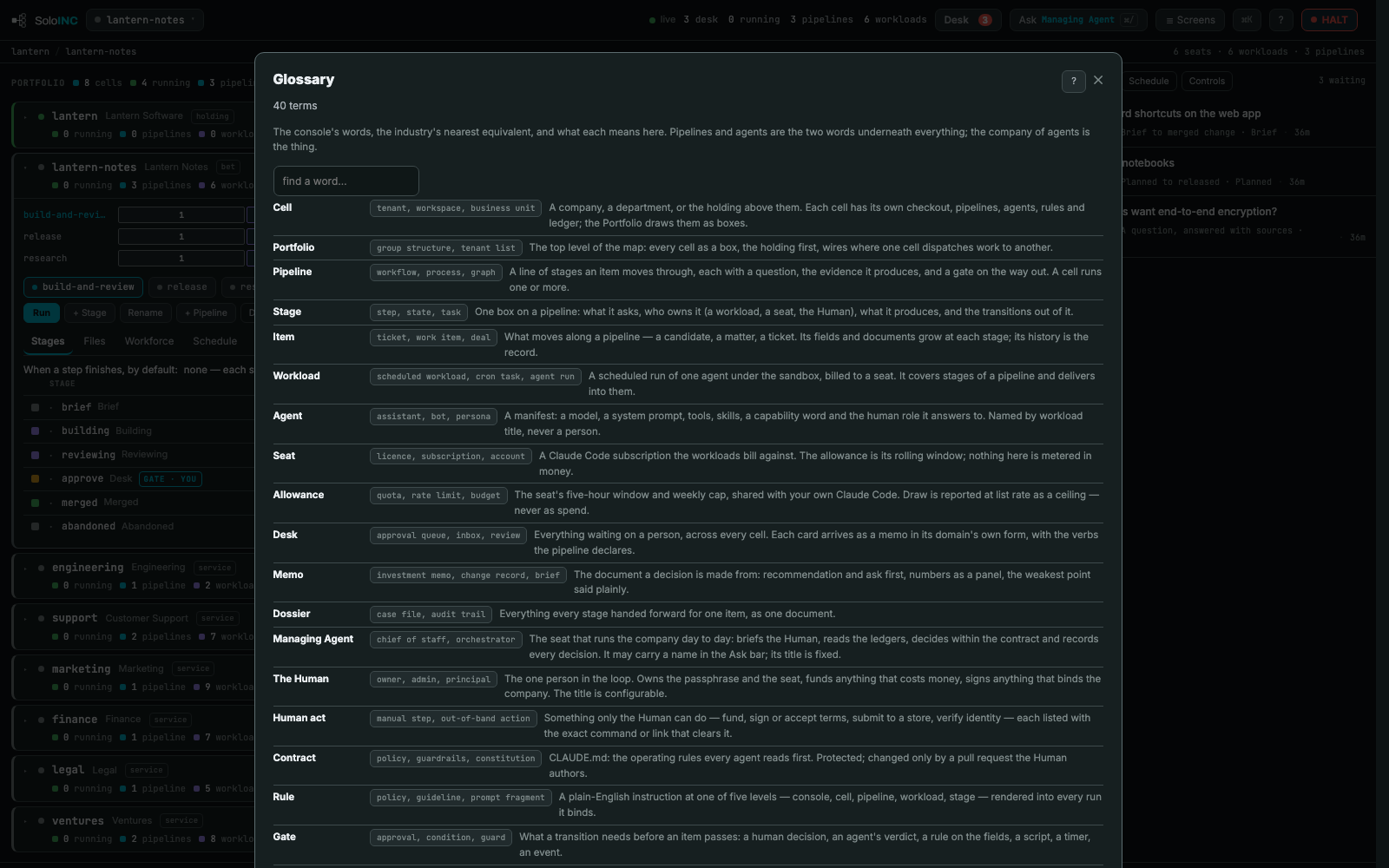 Glossary: The console's words beside the industry's nearest equivalents, with what each one means here.