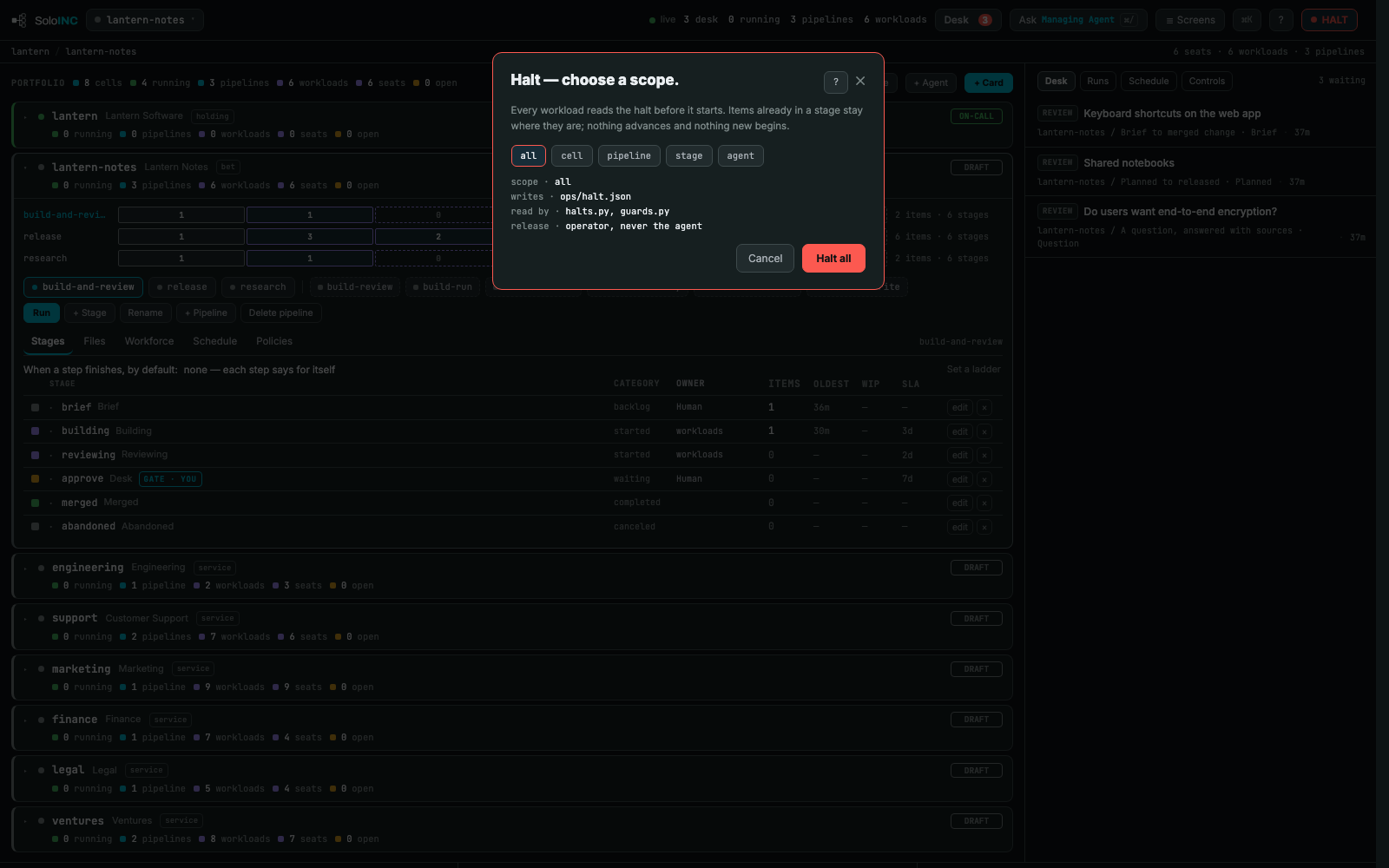 Halt: Stop work at a scope you choose: everything, a cell, a pipeline, a stage or an agent.