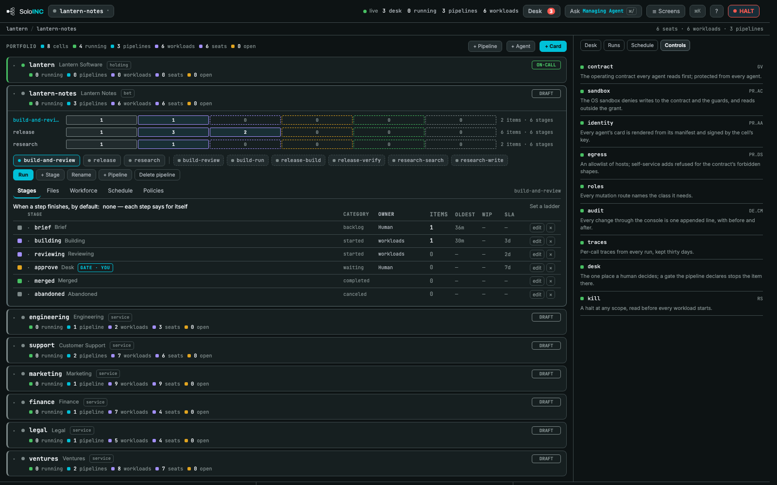 Controls: The controls in force: contract, sandbox, identity, egress, roles, audit, traces, Desk and kill switch.