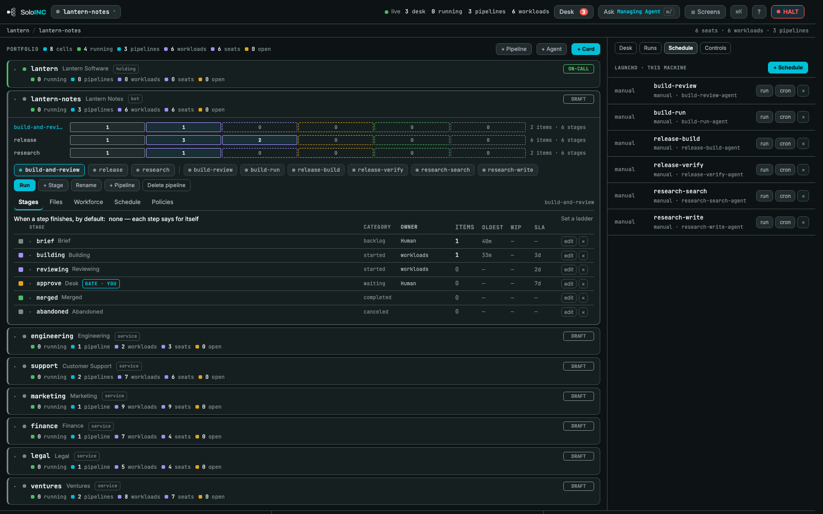 Schedule: The Command Center's schedule panel: every workload in the cell, its cron or manual trigger, with run and cron controls.