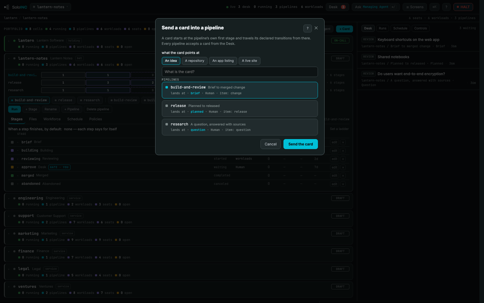 Send a card into a pipeline: Start work: an idea, repository, app listing or live site sent into a pipeline's first stage.