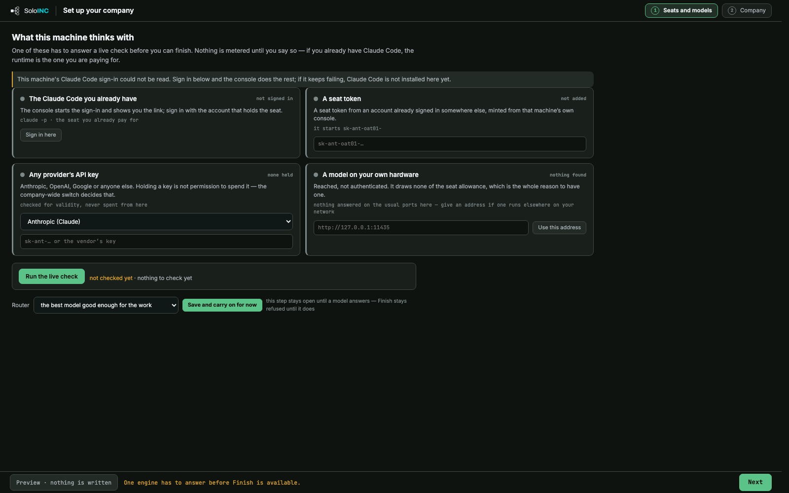 Set up your company: The first run's seat screen: sign in to Claude Code, paste a seat token, add a key or a local model, then check it live.