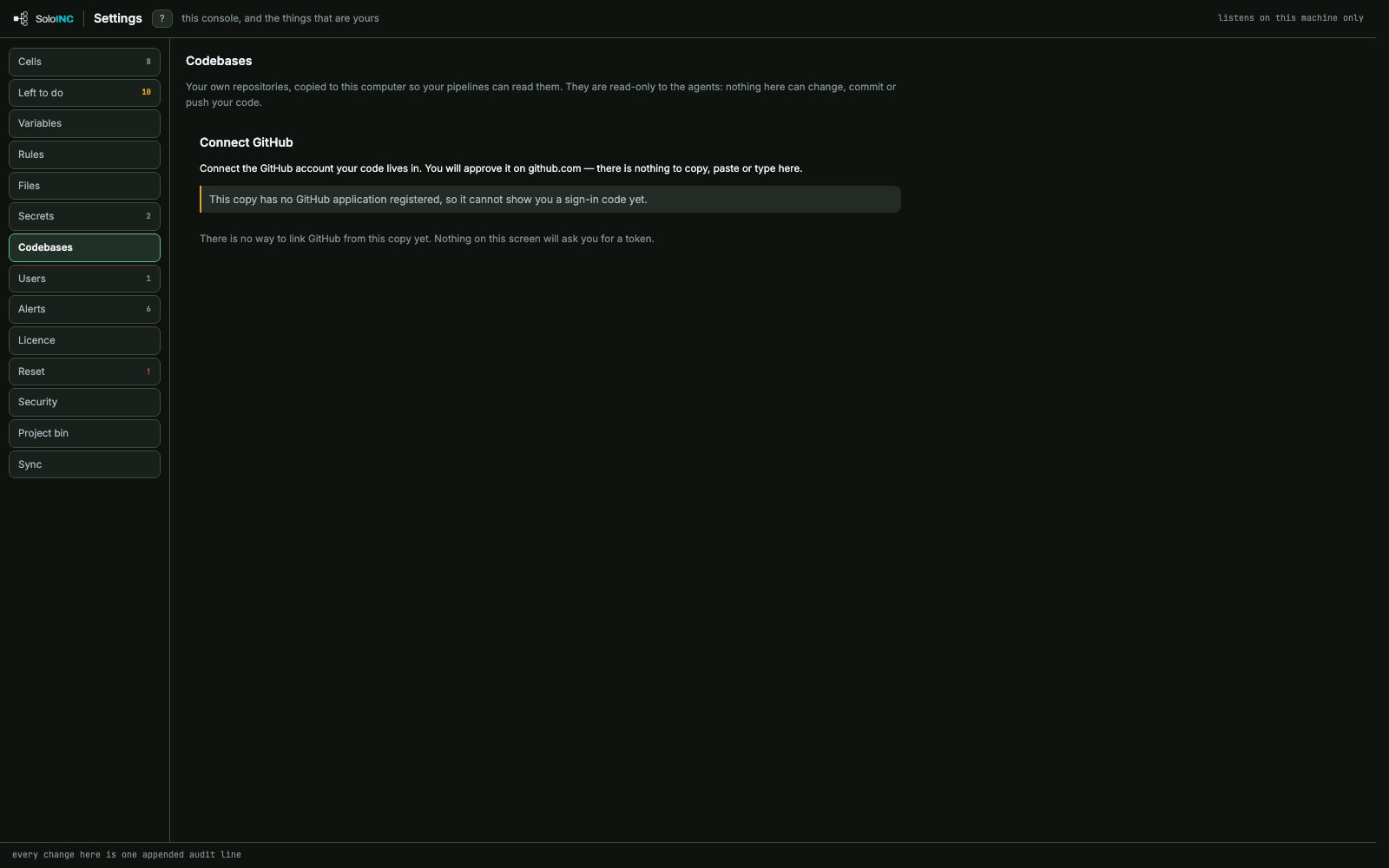 Codebases: Connect the GitHub account your repositories live in, read-only to agents.